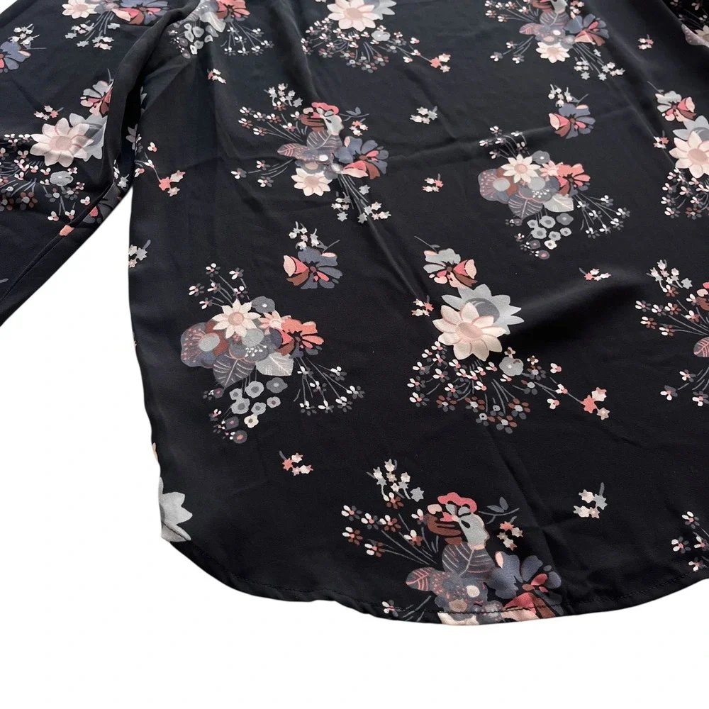 LOFT Women's S Black Pink Floral Bouquet Long Sleeve Cutout Casual Career Blouse